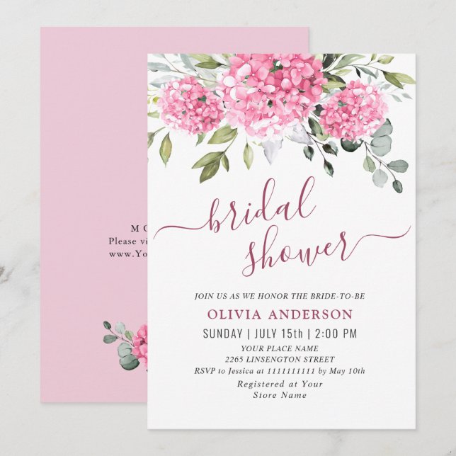 Elegant Watercolor Pink Hydrangea BRIDAL SHOWER Invitation (Front/Back)