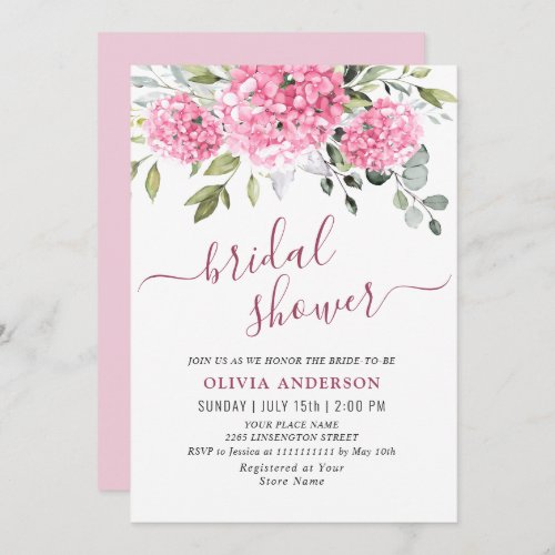 Elegant Watercolor Pink Hydrangea BRIDAL SHOWER Invitation