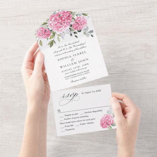 Elegant Watercolor Pink Hydrangea Floral Wedding All In One Invitation