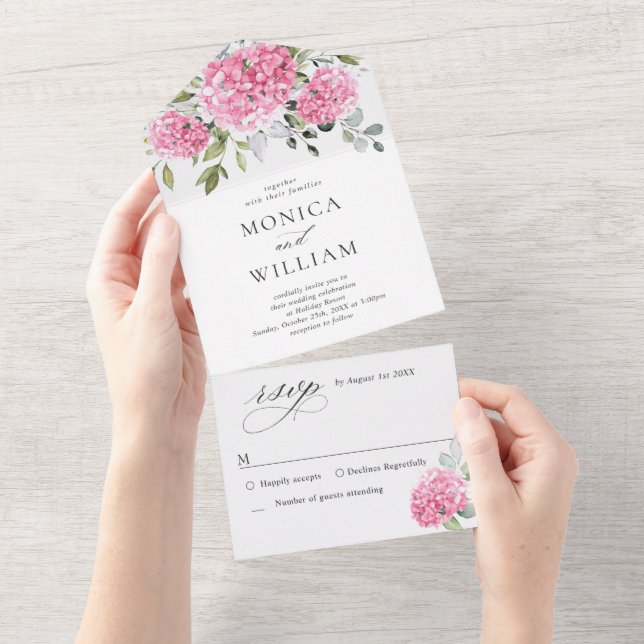 Elegant Watercolor Pink Hydrangea Floral Wedding All In One Invitation (Tearaway)
