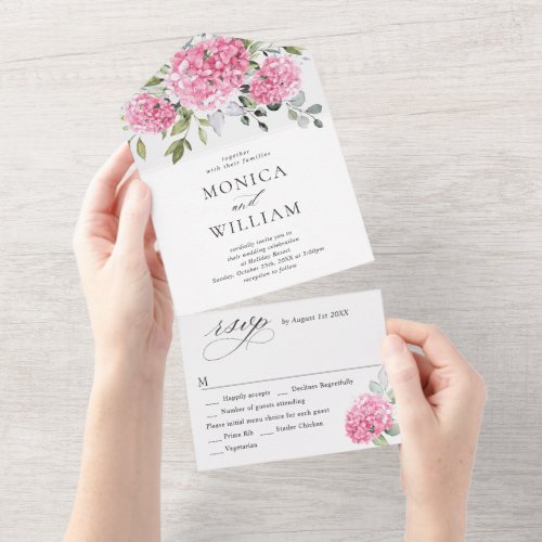 Elegant Watercolor Pink Hydrangea Floral Wedding All In One Invitation