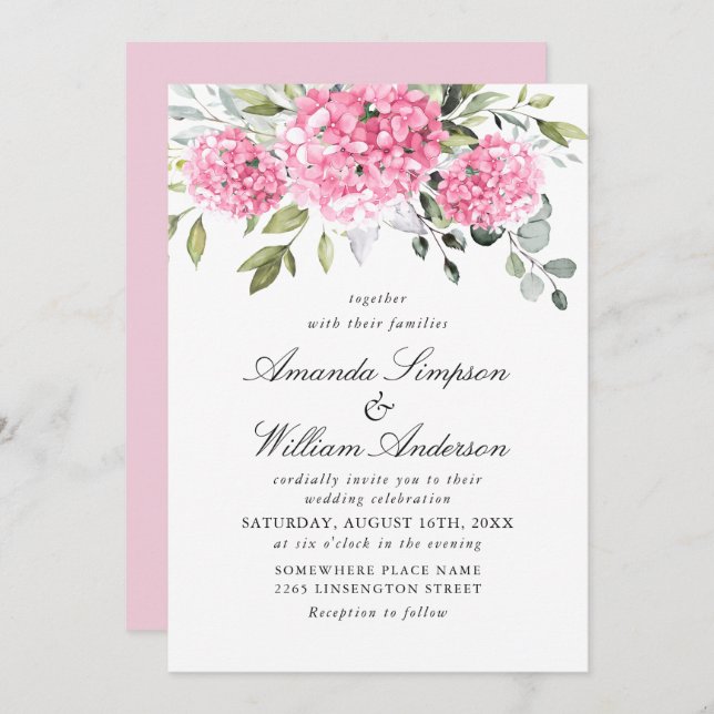 Elegant Watercolor Pink Hydrangea Floral Wedding Invitation (Front/Back)