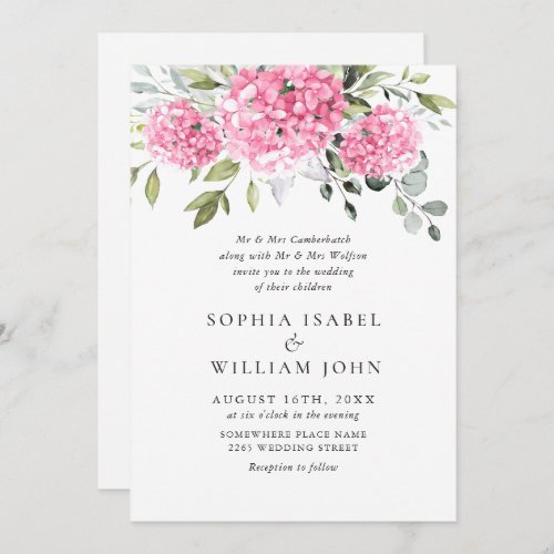 Elegant Watercolor Pink Hydrangea Floral Wedding Invitation