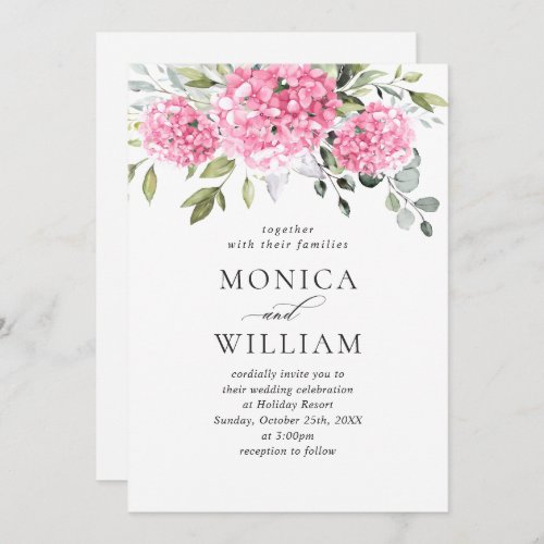 Elegant Watercolor Pink Hydrangea Floral Wedding Invitation