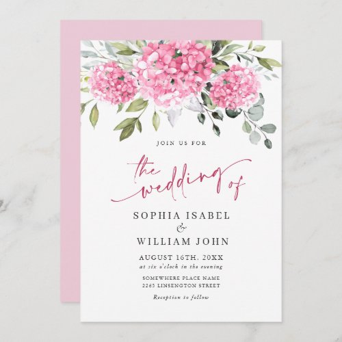 Elegant Watercolor Pink Hydrangea Floral Wedding Invitation