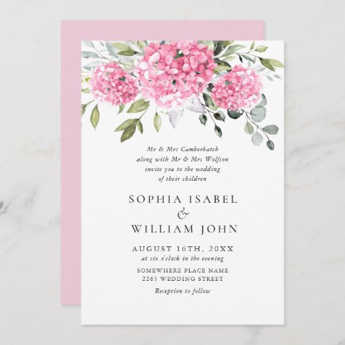 Elegant Watercolor Pink Hydrangea Floral Wedding Invitation