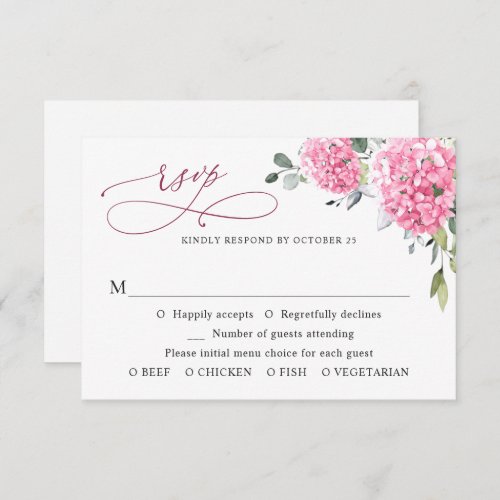 Elegant Watercolor Pink Hydrangea Floral Wedding RSVP Card