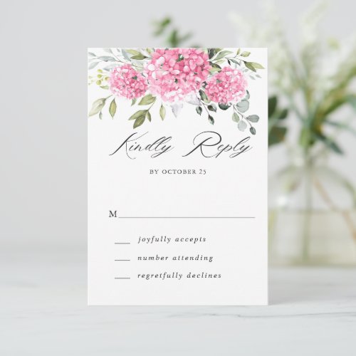 Elegant Watercolor Pink Hydrangea Floral Wedding RSVP Card