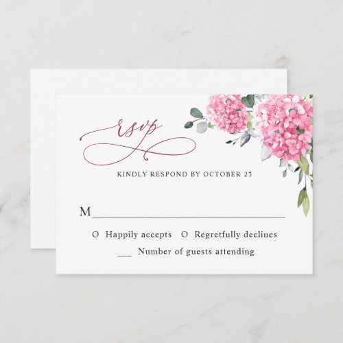 Elegant Watercolor Pink Hydrangea Floral Wedding RSVP Card