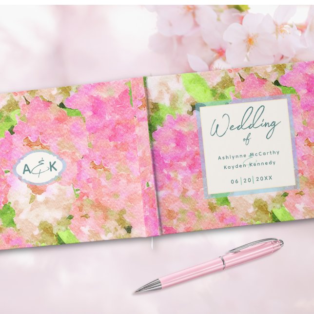 Elegant Watercolor Pink Hydrangea Garden Wedding  Guest Book (Creator Uploaded)