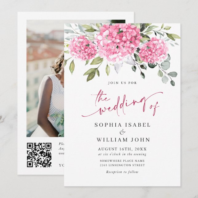 Elegant Watercolor Pink Hydrangea Photo Wedding Invitation (Front/Back)