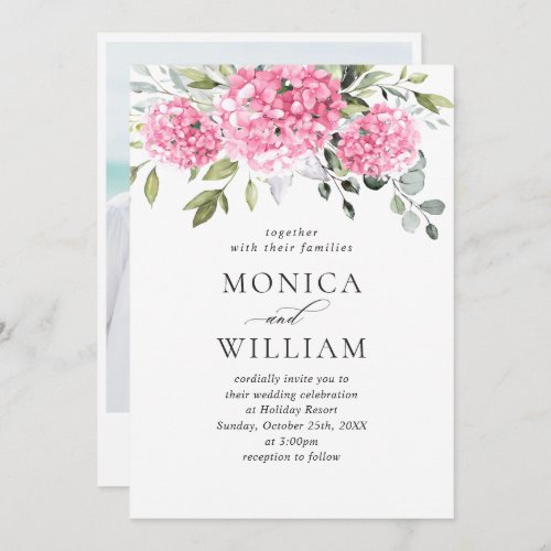 Elegant Watercolor Pink Hydrangea Photo Wedding Invitation