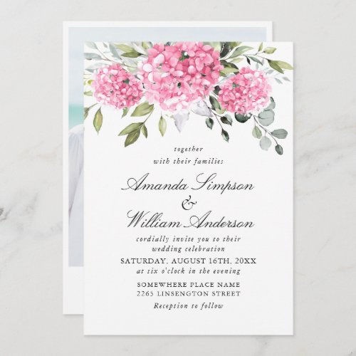 Elegant Watercolor Pink Hydrangea Photo Wedding Invitation