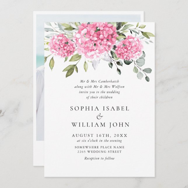 Elegant Watercolor Pink Hydrangea Photo Wedding Invitation (Front/Back)