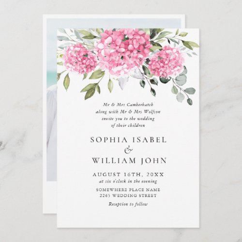 Elegant Watercolor Pink Hydrangea Photo Wedding Invitation