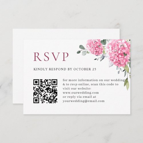 Elegant Watercolor Pink Hydrangea QR code Wedding RSVP Card