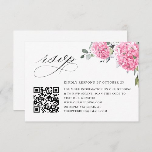 Elegant Watercolor Pink Hydrangea QR code Wedding RSVP Card