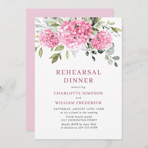 Elegant Watercolor Pink Hydrangea Rehearsal Dinner Invitation