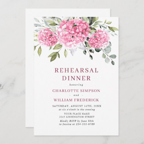 Elegant Watercolor Pink Hydrangea Rehearsal Dinner Invitation
