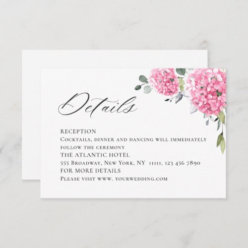 Elegant Watercolor Pink Hydrangea Wedding Details Enclosure Card