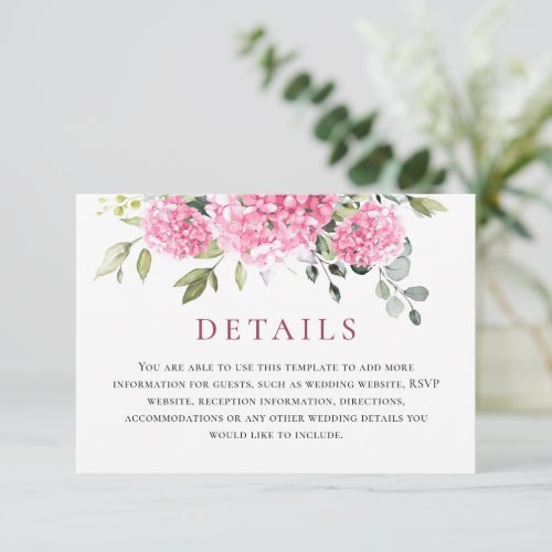 Elegant Watercolor Pink Hydrangea Wedding Details Enclosure Card