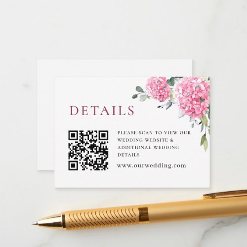 Elegant Watercolor Pink Hydrangea Wedding Details Enclosure Card