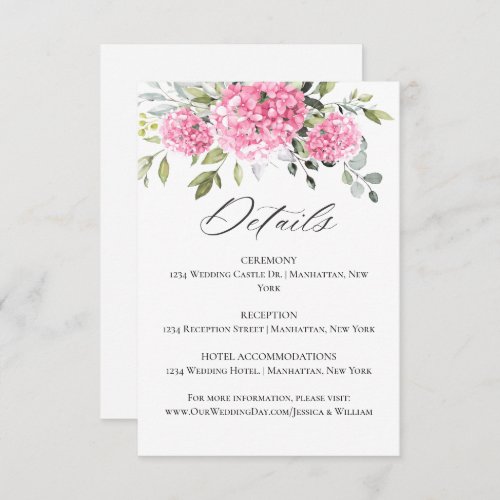Elegant Watercolor Pink Hydrangea Wedding Details Enclosure Card