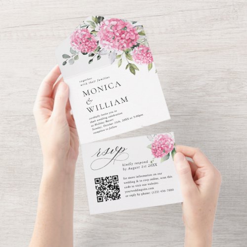Elegant Watercolor Pink Hydrangea Wedding QR code All In One Invitation