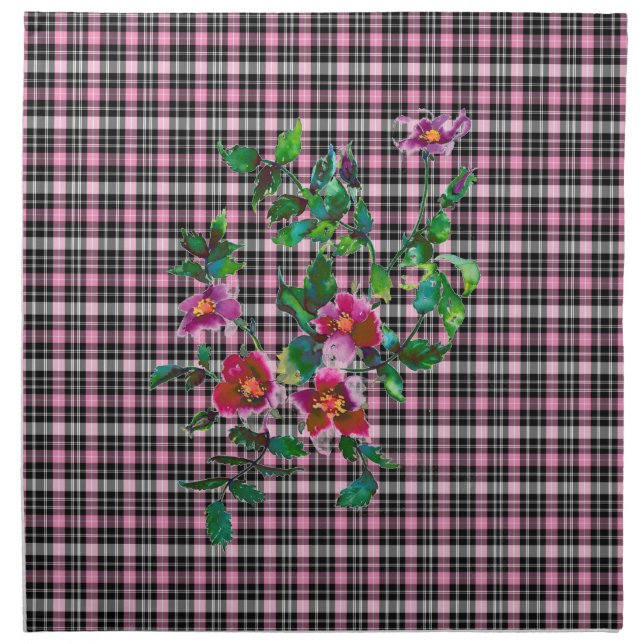 Elegant watercolor pink magenta roses pink plaid napkin (Front)
