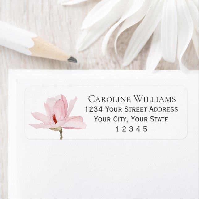 Elegant Watercolor Pink Magnolia Blossom Label (Insitu)