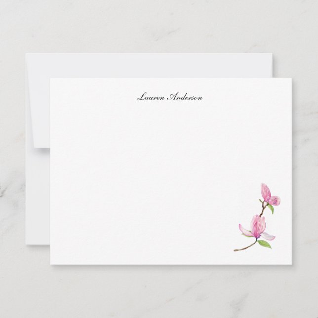 Elegant watercolor Pink Magnolia flower flat Note Card (Front)