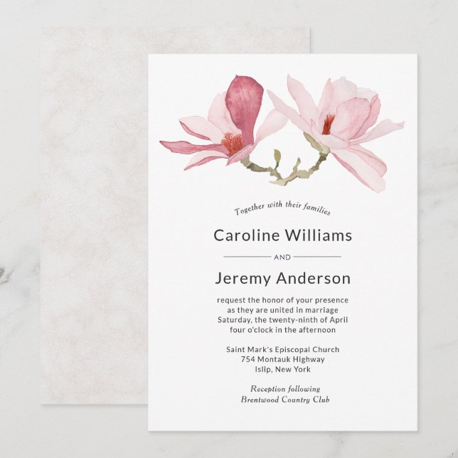Elegant Watercolor Pink Magnolia Wedding Invitation (Front/Back)