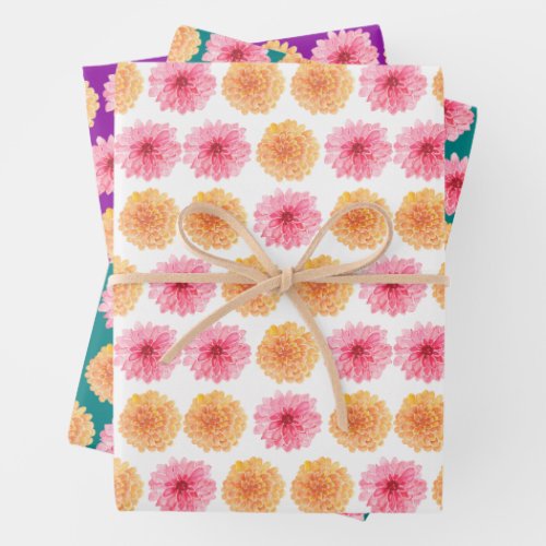 Elegant Watercolor Pink  Orange Dahlia Flower Wrapping Paper Sheets