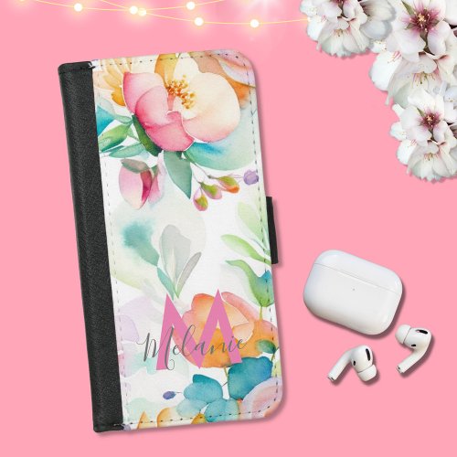 Elegant Watercolor pink orange floral monogram  iPhone 87 Wallet Case