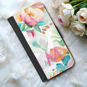 Elegant Watercolor pink orange floral monogram iPhone 8/7 Wallet Case