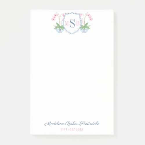 Elegant Watercolor Pink Orchid Pink Blue Monogram Post_it Notes