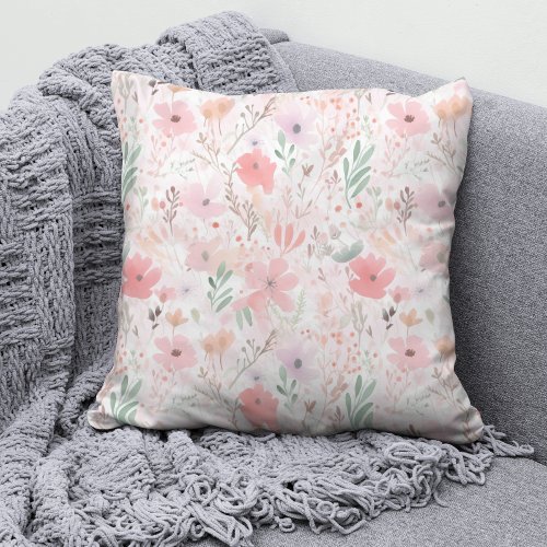 Elegant Watercolor Pink Pastel Floral Pattern Throw Pillow