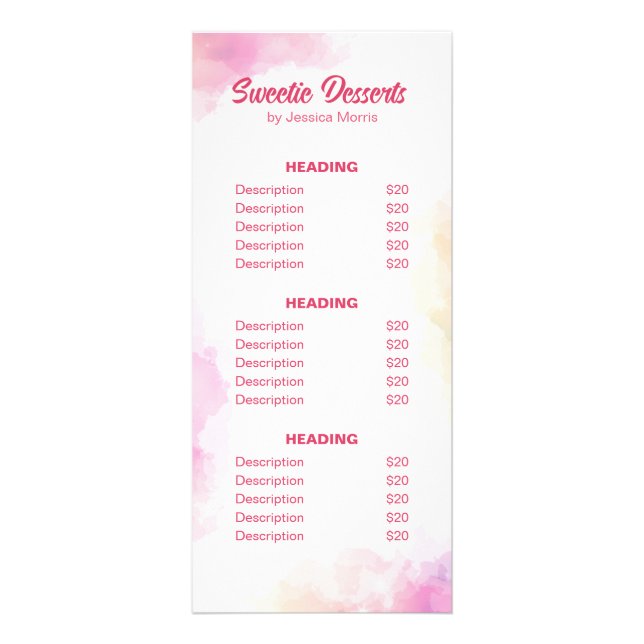 Elegant Watercolor Pink Pastry Bakery Rack Card (Front)