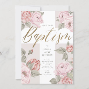 Elegant Watercolor Pink Peonies Baby Baptism Cross Invitation