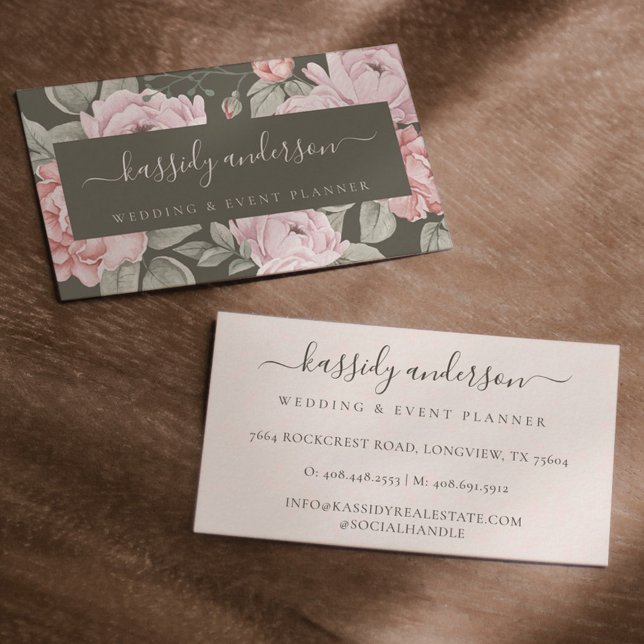 Elegant Watercolor Pink Peonies Floral Botanical Business Card (Creator Uploaded)