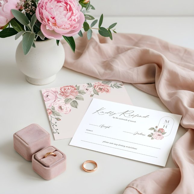 Elegant Watercolor Pink Peony Floral Monogram RSVP Card (Elegant Watercolor Pink Peony Floral Monogram RSVP Card)
