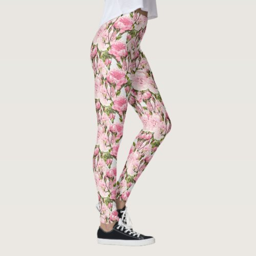 Elegant Watercolor Pink Peony Floral Pattern Leggings