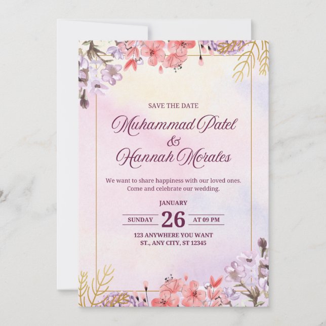 Elegant Watercolor Pink & Purple Wedding Invit Invitation (Front)