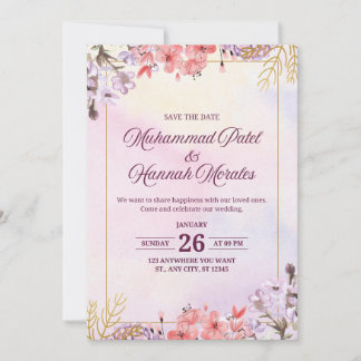 Elegant Watercolor Pink & Purple Wedding Invit Invitation