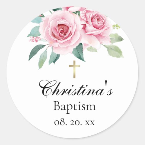 Elegant Watercolor Pink Rose Baptism Sticker