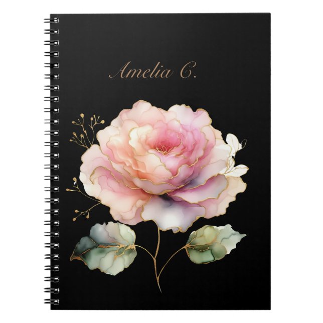 Elegant Watercolor Pink Rose Black Notebook (Front)