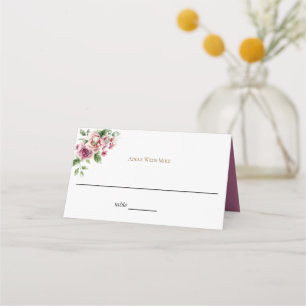 Elegant Watercolor Pink Rose Bouquet Wedding Place Card