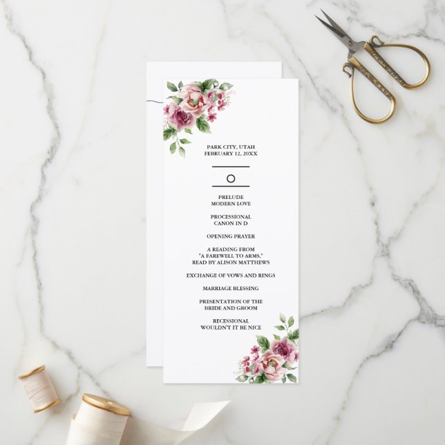 Elegant Watercolor Pink Rose Bouquet Wedding Program (Front/Back In Situ)