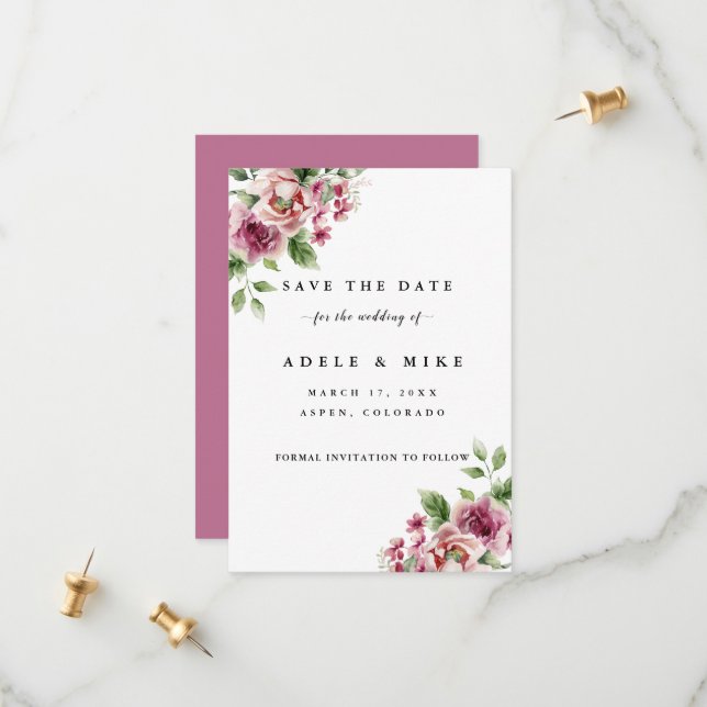 Elegant Watercolor Pink Rose Bouquet Wedding Save The Date (Front/Back In Situ)