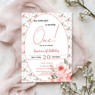 Elegant Watercolor Pink Rose Girl 1st Birthday Invitation